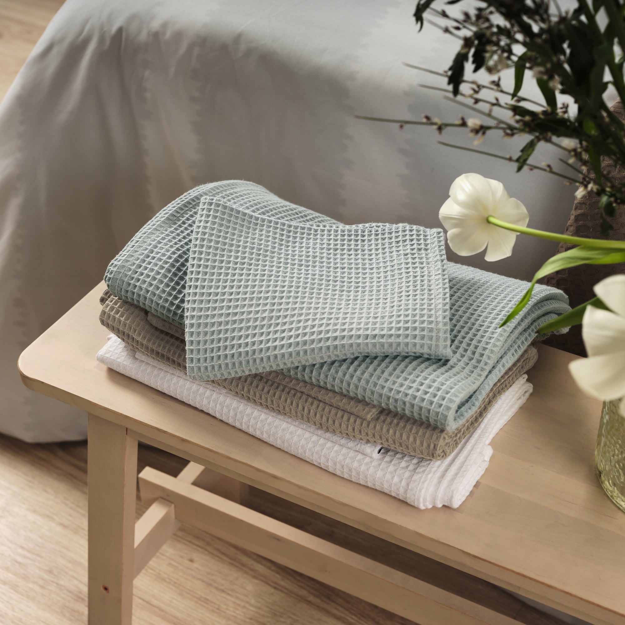 Serviette gaufrée 100 % coton vert aqua