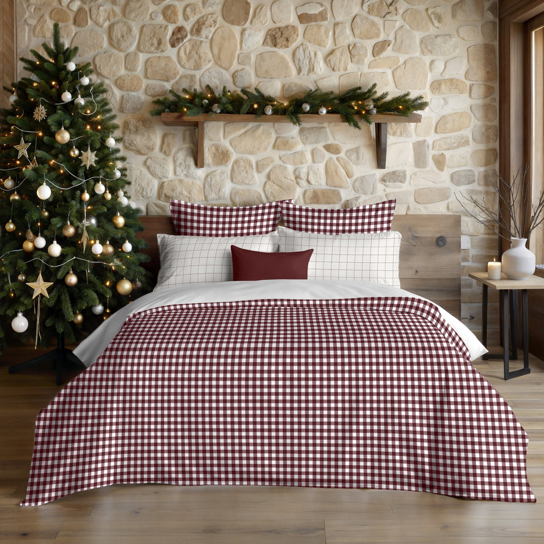 Funda nórdica con clicks Vichy Burdeos 100% algodón