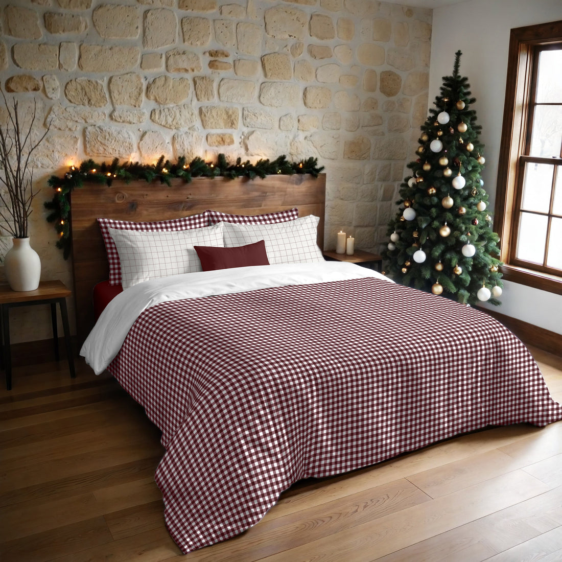 Funda nórdica con clicks Vichy Burdeos 100% algodón