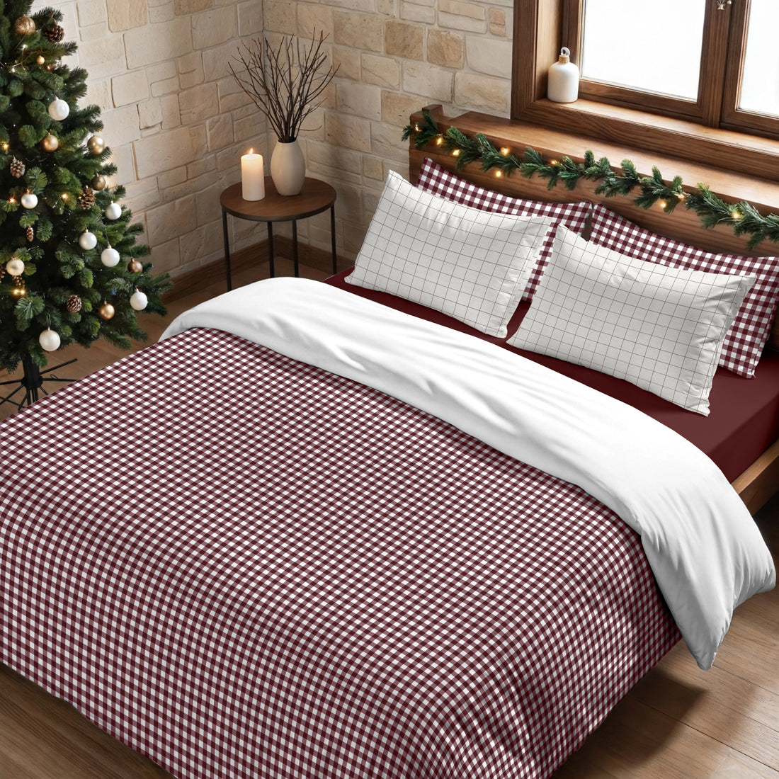 Funda nórdica con clicks Vichy Burdeos 100% algodón