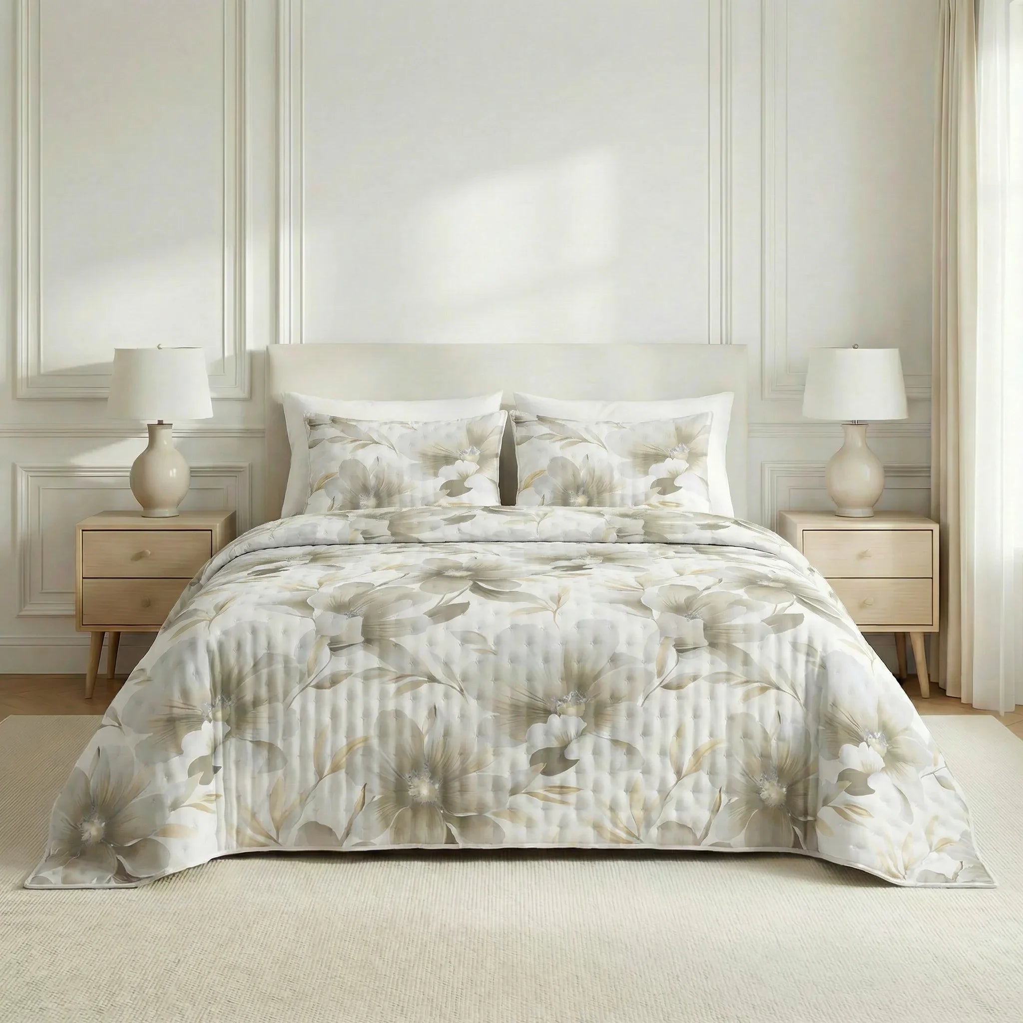 Colcha boutí estampada Bloom Beige tacto suave