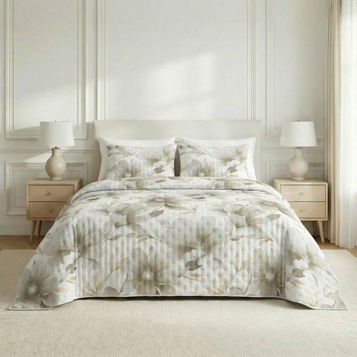 Colcha boutí estampada Bloom Beige tacto suave