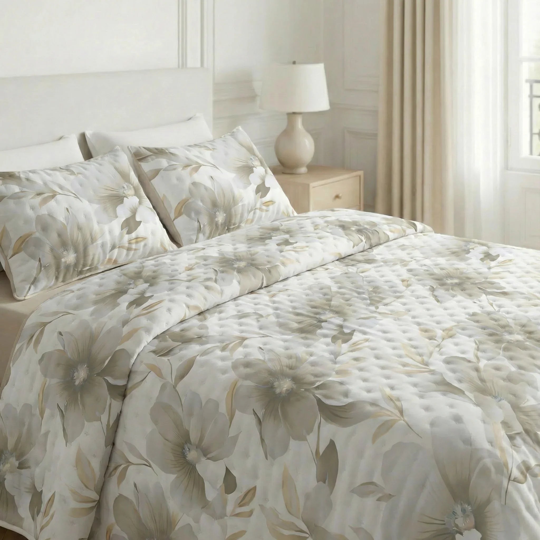 Colcha boutí estampada Bloom Beige tacto suave