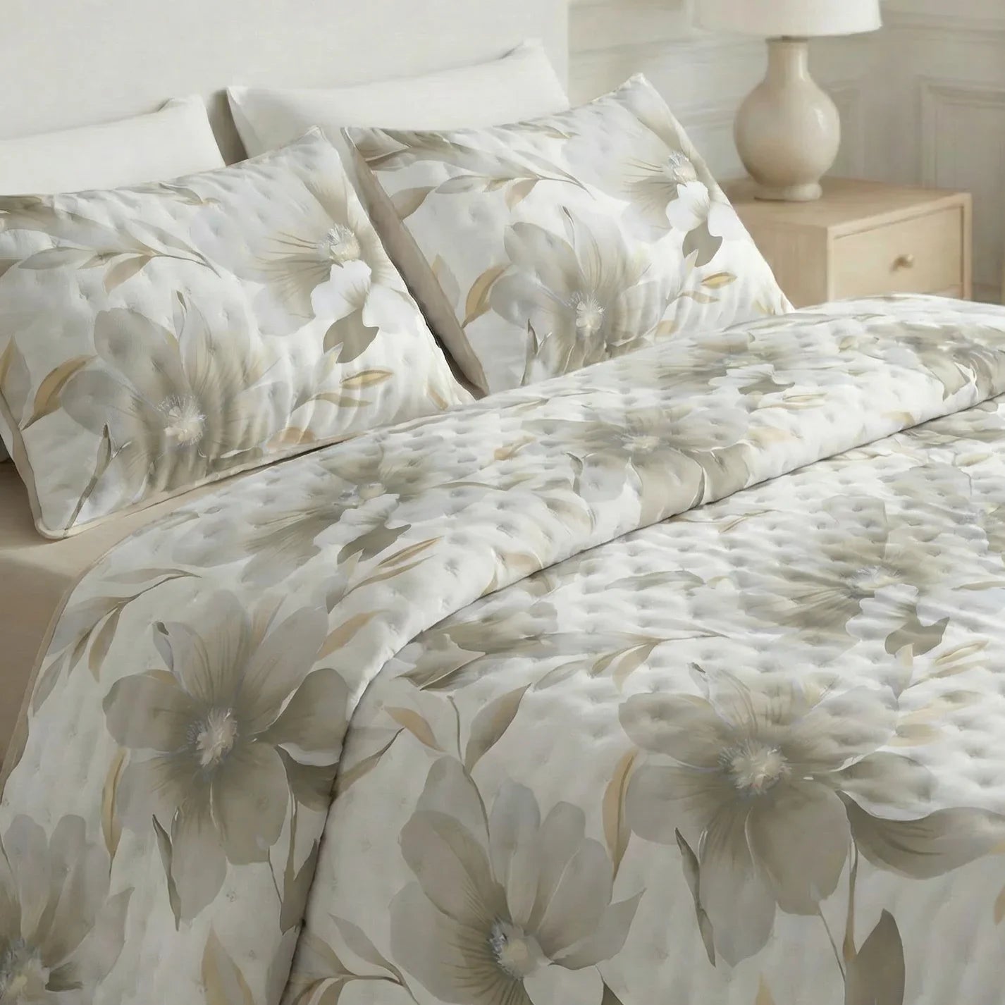 Colcha boutí estampada Bloom Beige tacto suave