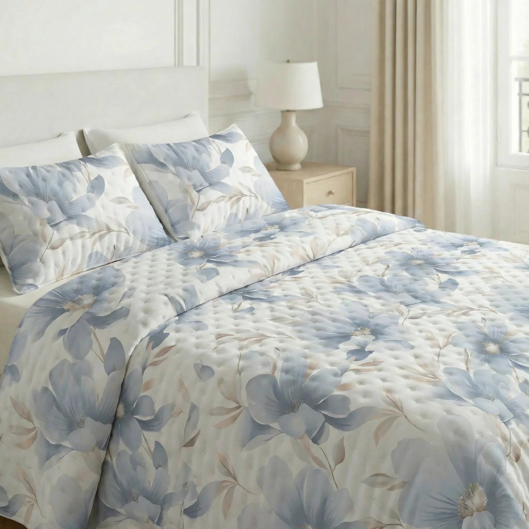 Colcha boutí estampada Bloom Azul tacto suave