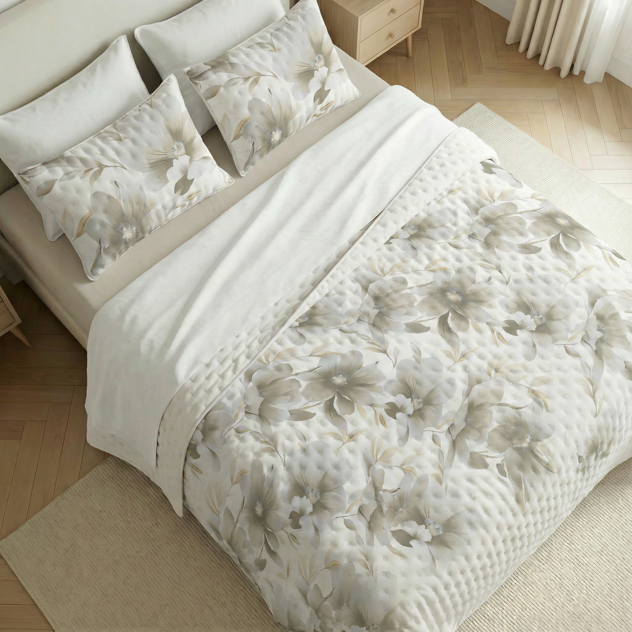 Colcha boutí estampada Bloom Beige tacto suave