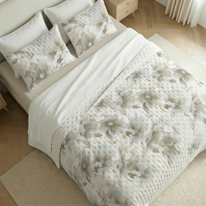 Colcha boutí estampada Bloom Beige tacto suave