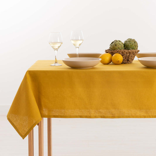 100% Mustard Linen Water-Repellent Tablecloth